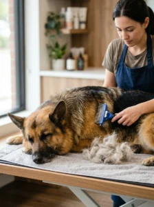 Deshedding tool removing loose undercoat from a heavy-shedding dog
