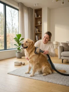 Dog being groomed with a vacuum-attachment deshedding tool