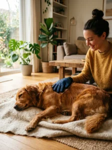 Dog being gently brushed with a silicone grooming glove