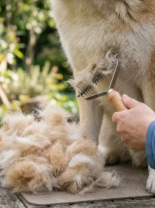 Undercoat rake removing loose fur from a double-coated dog