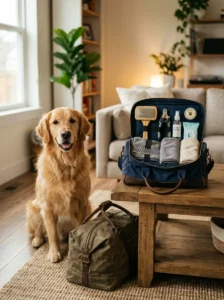 Portable dog grooming travel kit with essential care supplies