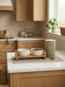Neutral ceramic dog bowls and food storage in a stylish feeding corner