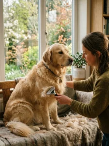 Dog receiving extra brushing during spring and fall seasonal shedding