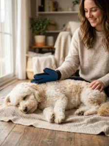 Sensitive dog receiving gentle brushing with a soft grooming glove