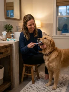 Dog following a consistent regular tooth brushing routine