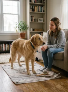 Anxious dog showing nervousness during a gentle grooming session