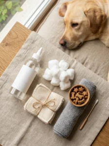 Dog ear cleaning supplies including ear solution cotton pads and treats