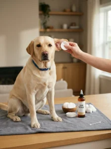 Safe dog ear cleaning setup showing cotton swabs kept away from the ear canal