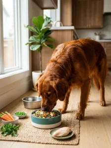 Healthy dog eating a balanced diet to support coat health