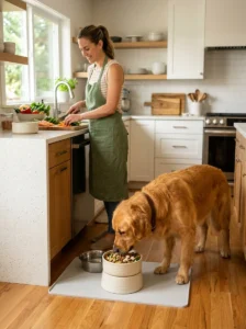 Healthy dog eating a balanced meal in a clean feeding area