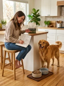 Healthy dog beside its food bowl while owner reviews its diet