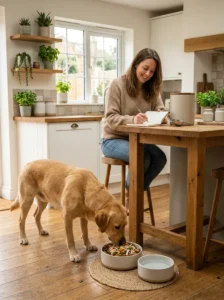 Dog eating a balanced meal while owner considers diet-related odor