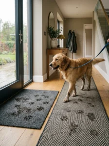 Using doormats and washable runners to protect floors from muddy paws