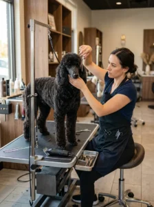Professional groomer handling a complex dog haircut
