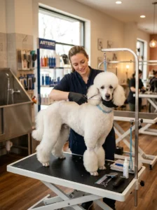 Professional groomer caring for a dog's coat in a grooming salon