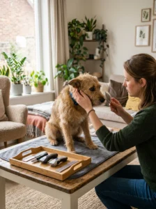 Dog owner identifying specific grooming triggers causing anxiety