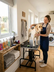 Dedicated home grooming space with supplies for a dog