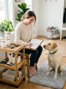 Dog owner organizing a regular home grooming schedule