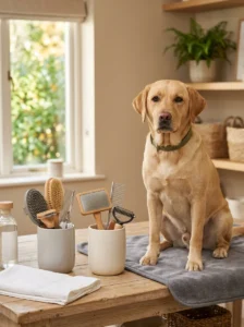 Organized grooming tools for multiple dogs with different coat needs