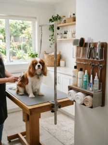 Organized dog grooming tools stored in a dedicated grooming caddy