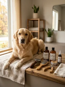 Seasonal dog grooming tools including deshedding and moisturizing supplies