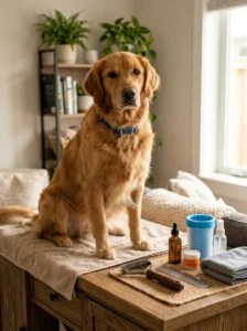 Useful dog grooming tools including an undercoat rake, comb and paw-cleaning supplies