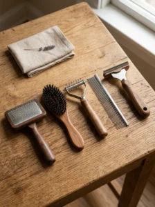 Quality dog grooming brushes and tools arranged for home grooming