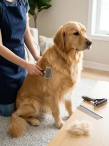 Healthy double-coated dog with proper grooming tools for shedding management