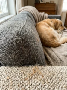 Dog hair embedded in carpet and upholstery fibers