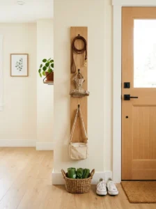 Space-saving DIY dog leash holder with vertical storage in a small entryway.