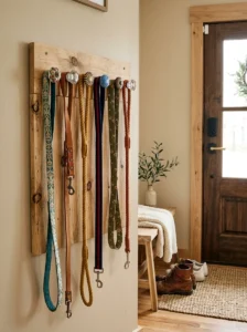 DIY dog leash holder made with repurposed cabinet knobs