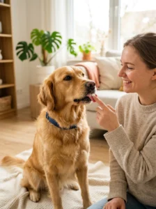Dog tasting dog-specific toothpaste before tooth brushing