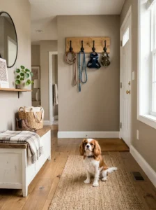 Dog leash holder mounted safely out of reach of a curious dog.