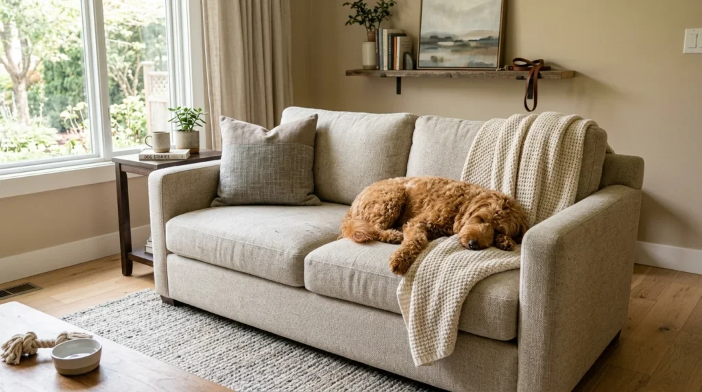 Durable modern sofa with a dog in a stylish dog-friendly living room