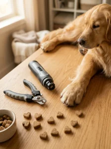 Dog nail clippers and grinder prepared for safe nail trimming