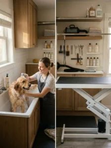 Dog receiving a home bath as an alternative to professional bathing
