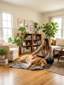 Dog owner gently brushing a relaxed dog during a bonding grooming session