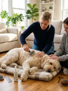 Brushing a dog's coat before clipping at home