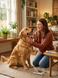 Dog enjoying a positive and rewarding tooth brushing routine