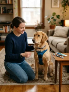 Dog owner calmly responding to resistance during tooth brushing