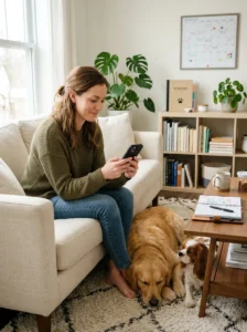 Dog owner organizing routine veterinary appointments on a phone calendar