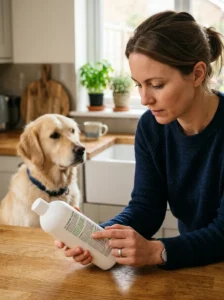Dog owner checking cleaning product ingredients instead of relying only on pet-safe labeling