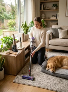 Organized home cleaning routine for managing dog hair