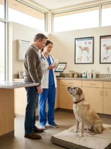 Veterinarian discussing joint supplements for a senior dog