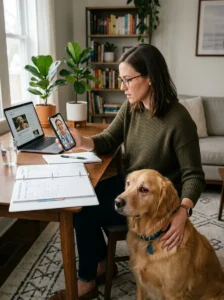 Dog owner contacting a veterinarian about concerning eye symptoms.