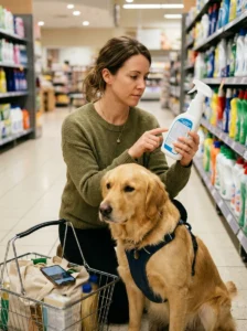 Dog owner checking cleaning product ingredients before purchasing