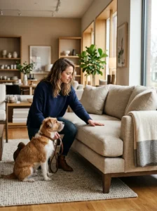 Dog owner testing a durable sofa before buying