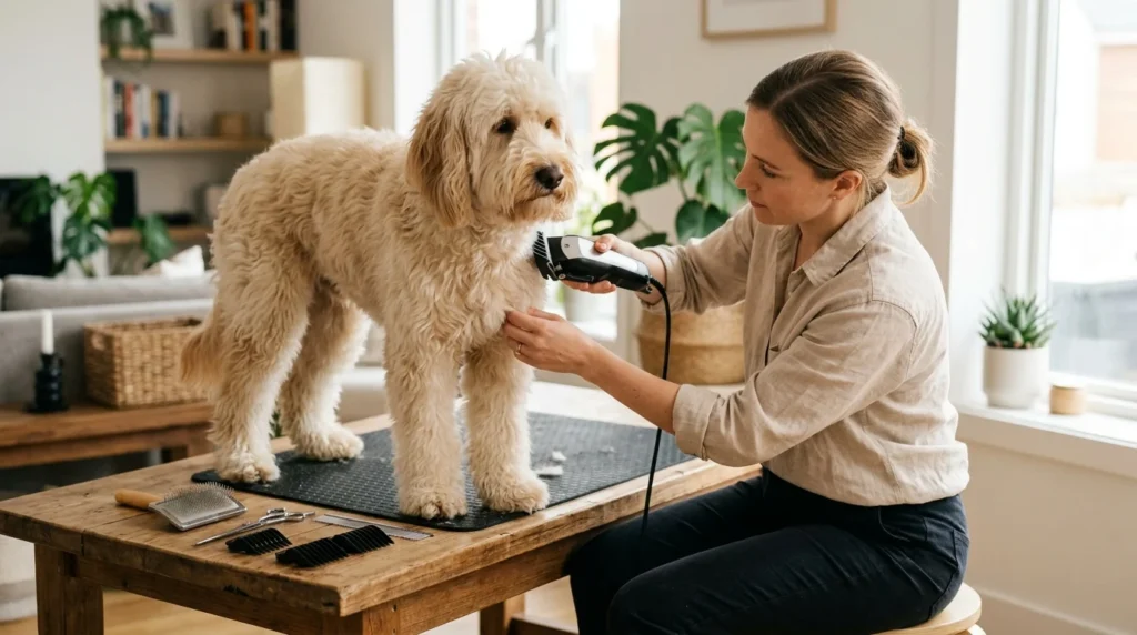 Dog receiving a careful home grooming clip with dog-specific clippers