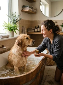 Dog gradually introduced to a new homemade grooming product