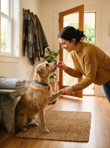 Training a dog to cooperate with paw cleaning using treats